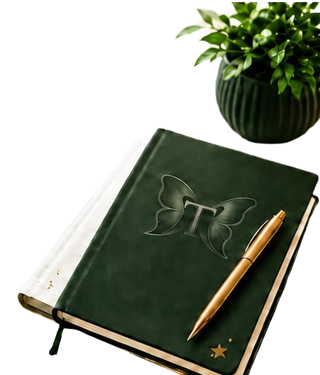 Notizbuch mit Stift und Pflanze